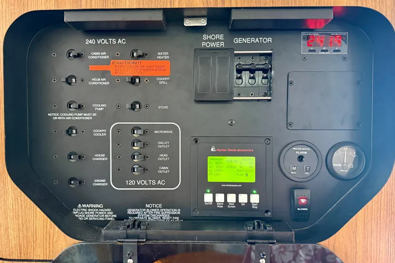 Slide: The Image of Control panel of a 2012 Pursuit OS 345 Offshore boat with generator and power switches. - 15