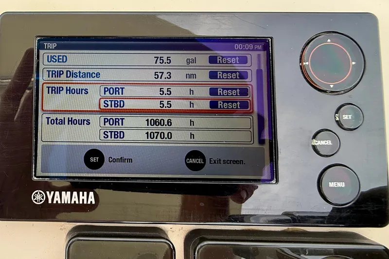 Slide: The Image of Yamaha boat display showing trip data for Pursuit OS 345 Offshore, 2012 model. - 47