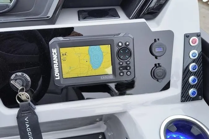 Slide: The Image of Boat dashboard with Lowrance GPS system on Viaggio x22u, 2026 model. - 9