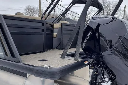 Slide: The Image of Viaggio x22u 2026 pontoon boat with Mercury engine, side view. - 18