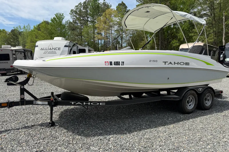 Slide: The Image of 2022 Tahoe 2150 boat on trailer, parked outdoors near RVs and trees. - 15