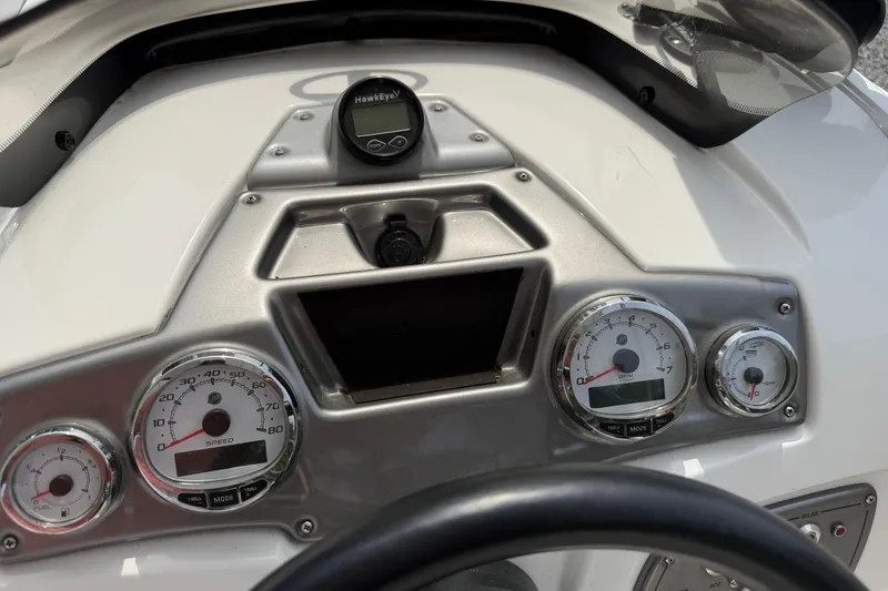 Slide: The Image of Dashboard of a 2022 Tahoe 2150 boat with gauges and controls. - 24