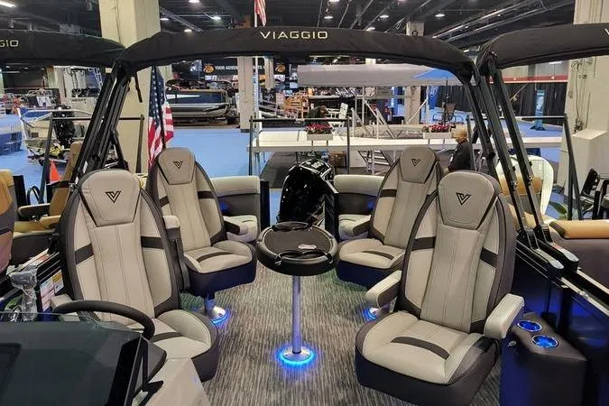 Slide: The Image of Viaggio X22Q 2026 pontoon boat with luxurious seating and LED lighting. - 4