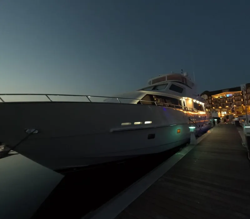 Slide: The Image of Luxury Hargrave 93' yacht docked at night, 2007 model. - 6