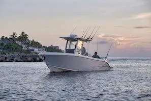 The Image of 2027 Sailfish 252 CC boat cruising at sunset near a rocky shoreline. - 1