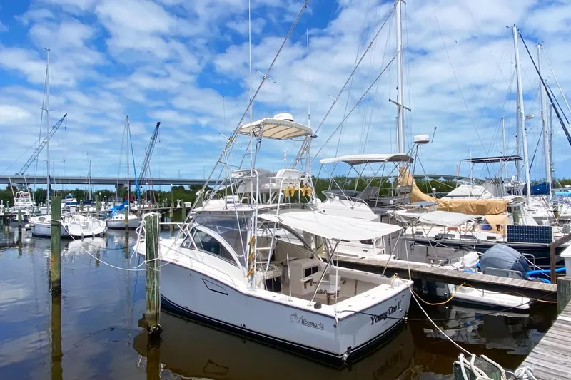 The Image of 1997 Albemarle 30 Express boat docked in marina on a sunny day. - 1