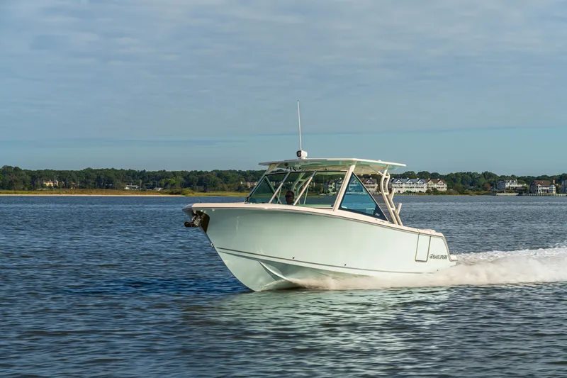 The Image of 2027 Sailfish 276 DC boat cruising on a calm lake with scenic shoreline. - 1
