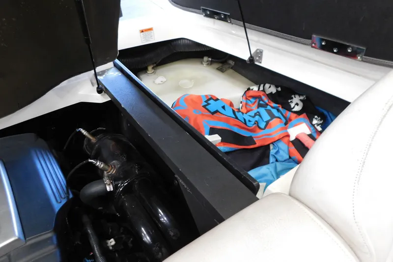 Slide: The Image of 2009 MasterCraft X55 engine compartment with colorful fabric storage. - 19