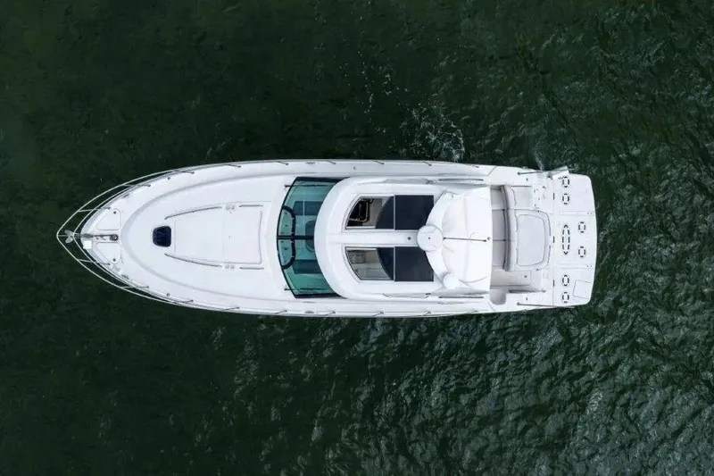 Slide: The Image of Aerial view of 2009 Sea Ray 43 Sundancer yacht on water. - 5