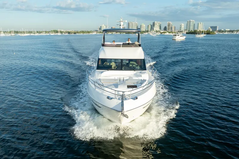 Slide: The Image of 2025 Princess F65 yacht cruising on a sunny day near a city skyline. - 2