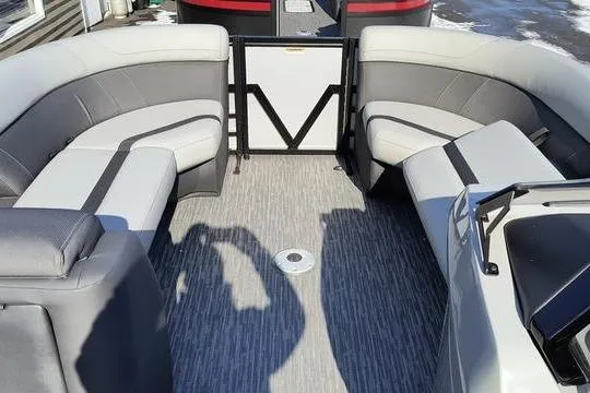 Slide: The Image of Interior of a 2026 Viaggio x22u boat with gray seating. - 13