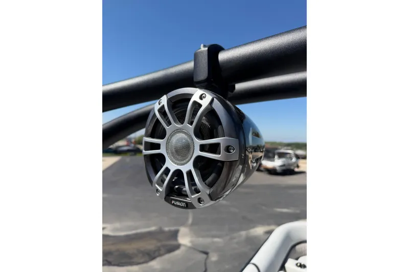 Slide: The Image of Close-up of a Fusion marine speaker on a 2026 Crest Caribbean 250 SLS boat. - 39