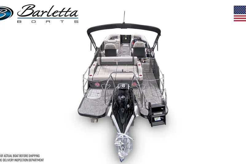 Slide: The Image of 2026 Barletta Lusso 25UC pontoon boat, rear view, showcasing luxurious seating and modern design. - 12