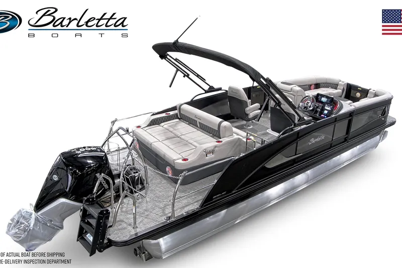 Slide: The Image of 2026 Barletta Lusso 25UC pontoon boat with luxurious seating and sleek design. - 2