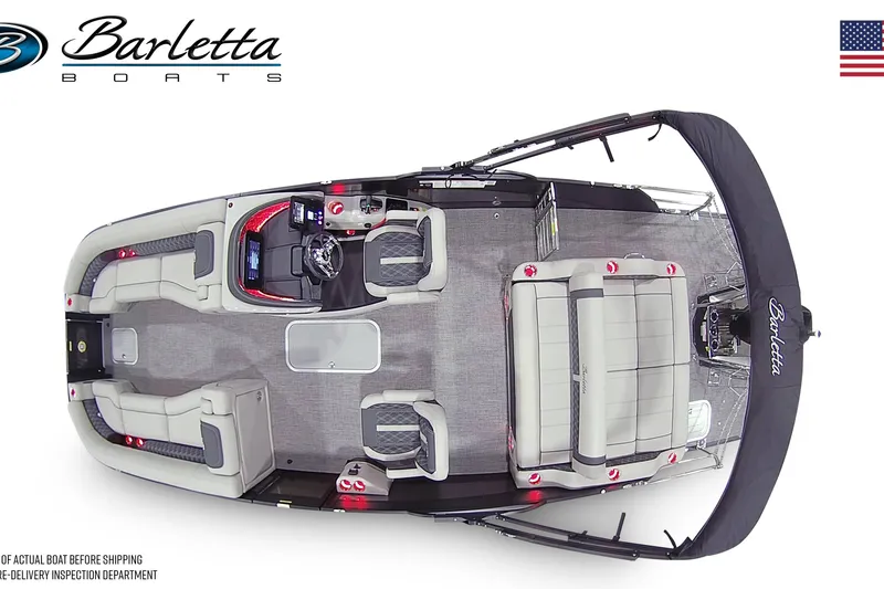 Slide: The Image of 2026 Barletta Lusso 25UC pontoon boat, top view, showcasing spacious seating and modern design. - 5