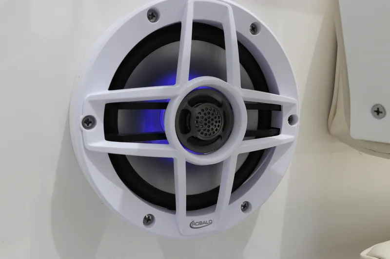 Slide: The Image of 2026 Robalo R200 Center Console boat speaker with blue LED lighting. - 29