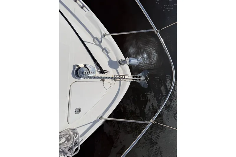 Slide: The Image of Top view of 2003 Sea Ray 340 Sundancer boat's bow with anchor and railing. - 3