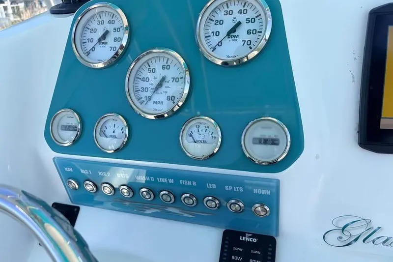 Slide: The Image of Dashboard of 2018 Glasstream 280 Pro-XS boat with gauges and controls. - 14