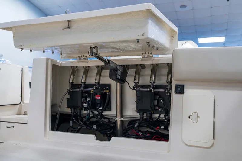 Slide: The Image of 2027 Sailfish 312 CC boat interior showing advanced hydraulic system and wiring. - 13