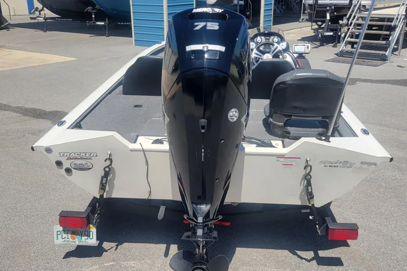 Slide: The Image of 2022 Tracker Pro Team 175 TXW boat with Mercury 75 engine, rear view. - 6