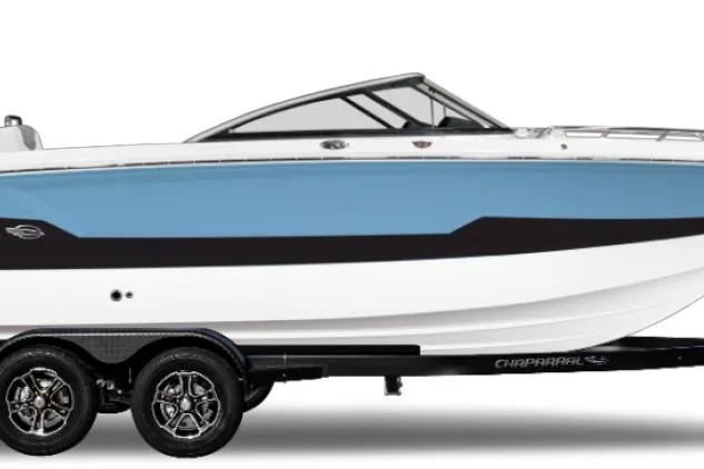 The Image of 2026 Chaparral SSX 4 boat with blue and white hull on trailer at dealership. - 0