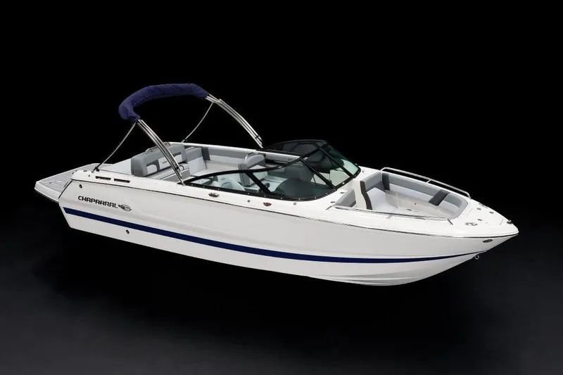 Slide: The Image of 2026 Chaparral SSX 4 boat with sleek blue and white design on a trailer. - 2