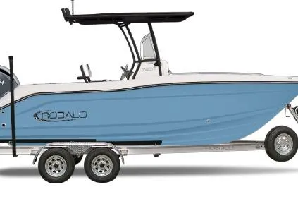The Image of 2026 Robalo R200 Center Console boat on trailer, displayed outdoors under blue sky. - 0