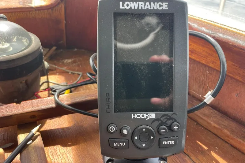 Slide: The Image of Lowrance Hook fish finder on 1979 Albin 36 Trawler dashboard. - 20