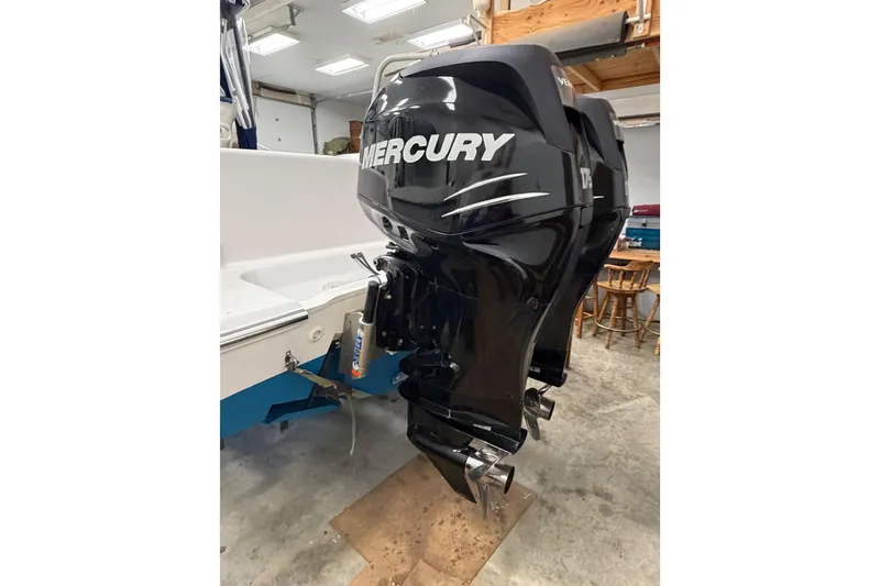Slide: The Image of 2002 Pro-Line 260 Walkaround with Mercury outboard motor in a garage setting. - 14