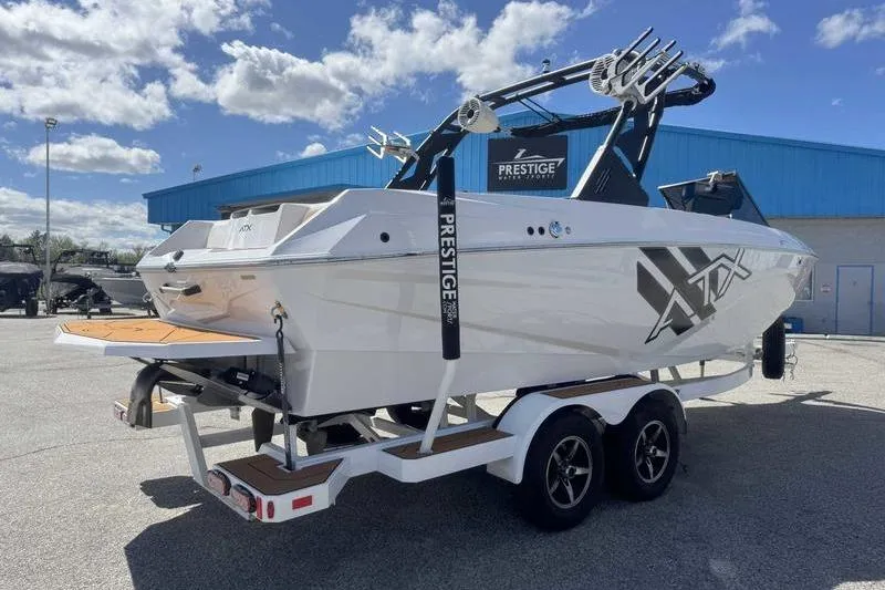 Slide: The Image of 2021 ATX Type 22s boat on trailer at dealership under blue sky. - 14