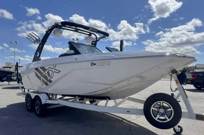Slide: The Image of 2021 ATX Type 22s boat on trailer under blue sky with clouds. - 7
