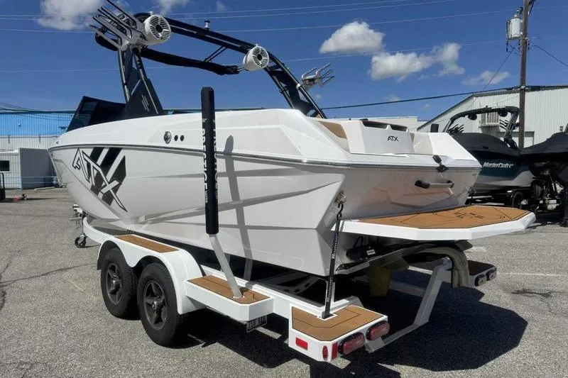 Slide: The Image of 2021 ATX Type 22s boat on trailer, white hull, outdoor setting, clear sky. - 9