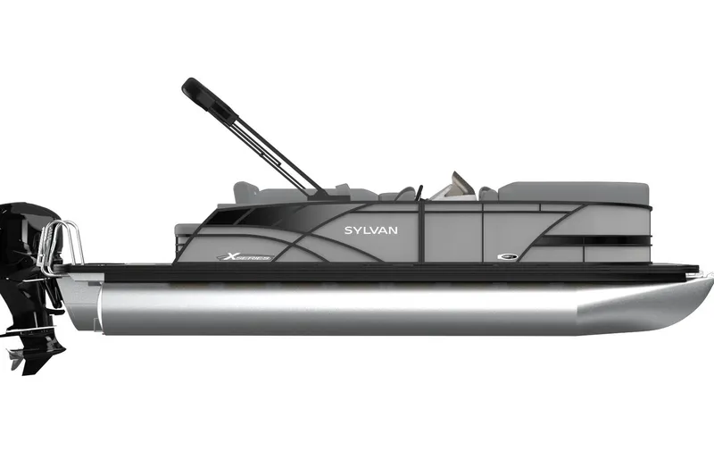 Slide: The Image of 2026 Sylvan X3 DLZ Bar pontoon boat, sleek design, side view, modern features. - 6