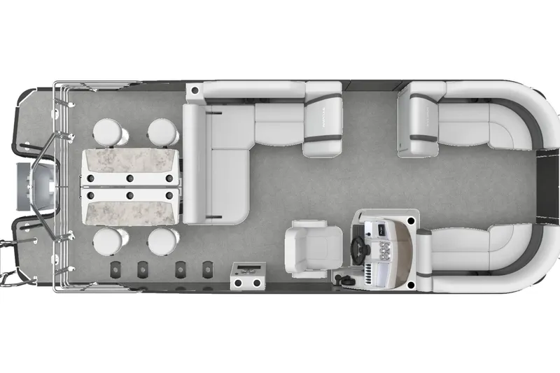 Slide: The Image of Top view of 2026 Sylvan X3 DLZ Bar pontoon boat layout with seating and helm. - 7