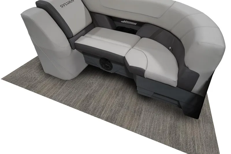 Slide: The Image of 2026 Sylvan X3 DLZ Bar boat seating, gray and black upholstery, on a textured carpet. - 9