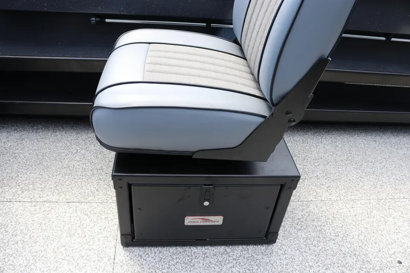 Slide: The Image of 2026 Alumaweld Pacific CC 26 boat seat on storage box, gray and black design. - 19