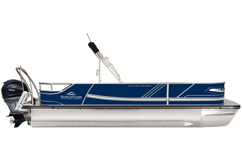 Slide: The Image of Manufacturer Provided Image: 2026 SunCatcher Elite 324 SS pontoon boat with Yamaha motor, side view. - 13