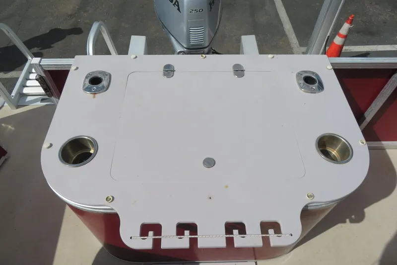 Slide: The Image of 2014 Avalon Catalina Fish boat deck with motor and rod holders. - 22