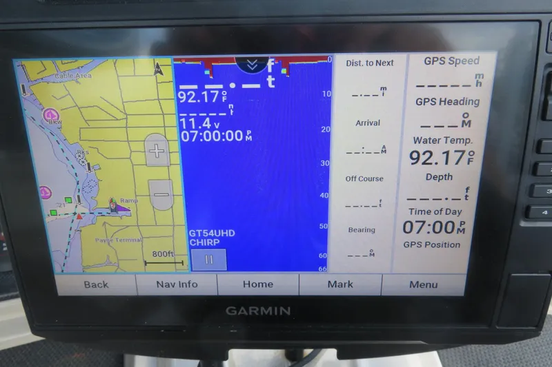 Slide: The Image of Garmin GPS display on 2014 Avalon Catalina Fish boat, showing navigation and water temperature. - 30