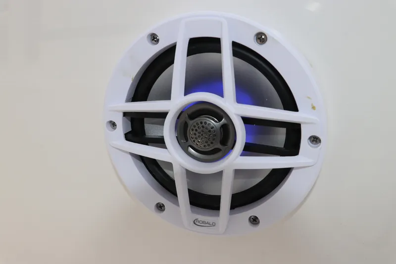 Slide: The Image of White marine speaker with blue LED light on a 2026 Robalo 206 Cayman boat. - 31