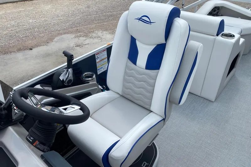 Slide: The Image of Captain's chair and steering wheel of 2026 SunCatcher Elite 326 SS boat. - 11