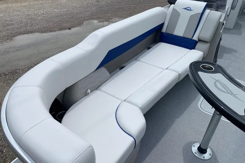 Slide: The Image of Luxurious seating on 2026 SunCatcher Elite 326 SS pontoon boat, featuring sleek design and comfort. - 9