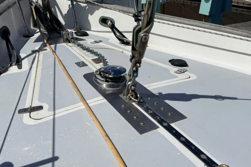Slide: The Image of Deck of 1983 Tanton 44 sailboat with rigging and winch details. - 34