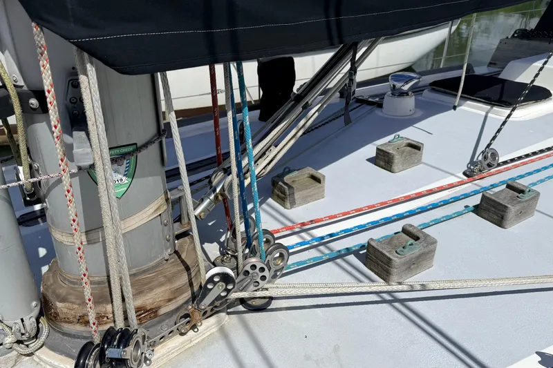 Slide: The Image of Sailboat deck with rigging and ropes, Tanton 44, 1983 model. - 35