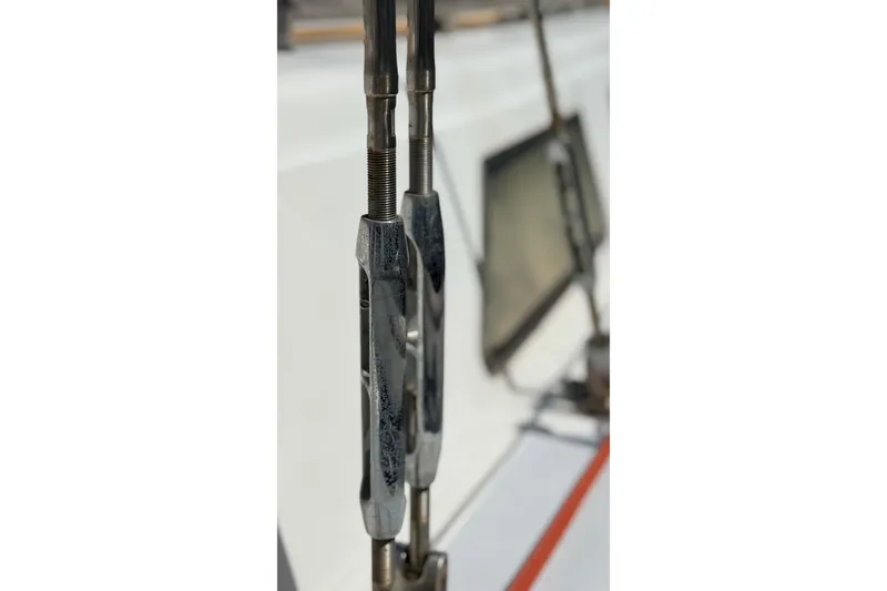 Slide: The Image of Close-up of rigging hardware on a 1983 Tanton 44 sailboat. - 43
