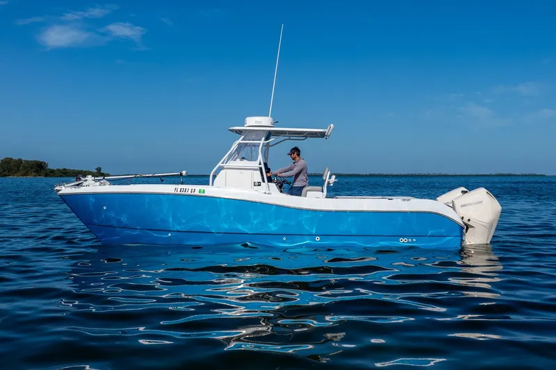 Slide: The Image of 1998 World Cat 266 SF boat on calm blue water under clear sky. - 9