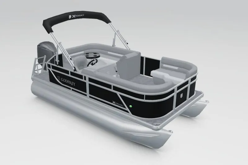 The Image of 2026 Godfrey EX 1880 CX pontoon boat with red and black exterior, docked outdoors. - 0
