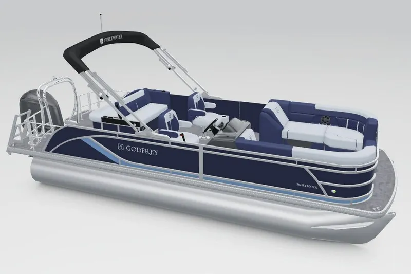 Slide: The Image of 2026 Godfrey Sweetwater 2286 SFL pontoon boat with sleek design and spacious seating. - 5