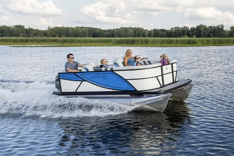Slide: The Image of Manufacturer Provided Image: 2026 Godfrey Mighty G 1476 C pontoon boat, sleek design with comfortable seating. - 3
