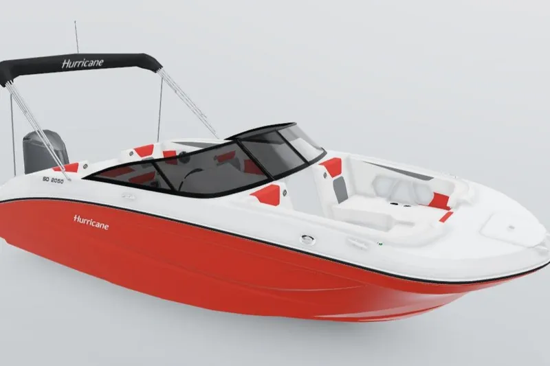 The Image of 2026 Hurricane SunDeck Sport 2050 OB boat in vibrant red, displayed outdoors. - 0